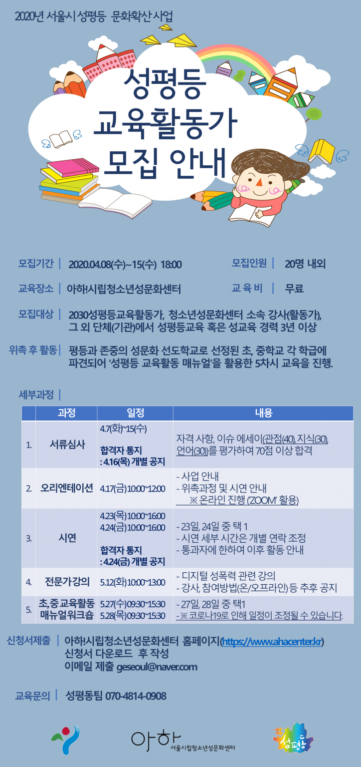 [아하!서울시립청소년성문화센터] 성평등 교육활동가 모집 (~4/15)