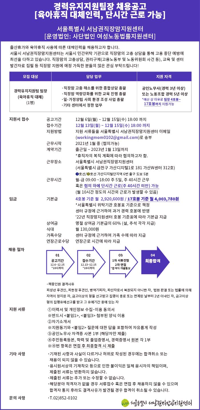 [서남권직장맘지원센터] 경력유지지원팀장(육아휴직 대체인력) 모집 (~12/15)