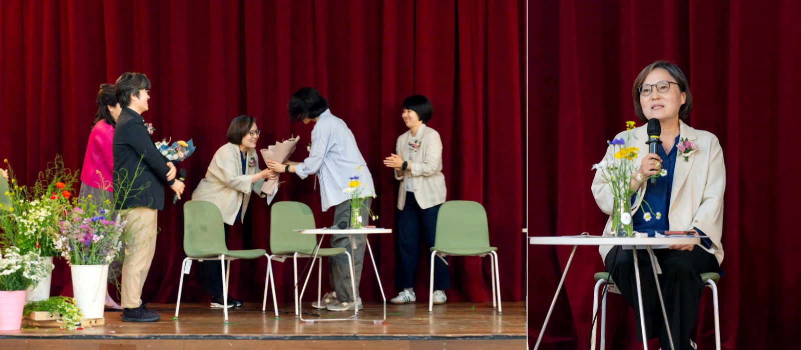  매니저들에게 꽃다발을 나눠주고, 감사인사를 전하는 김현미 교수